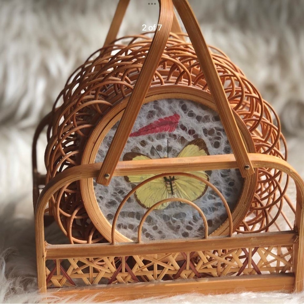 Vintage Pressed Butterfly Bamboo Wicker Coasters Granny Core Cottage Core